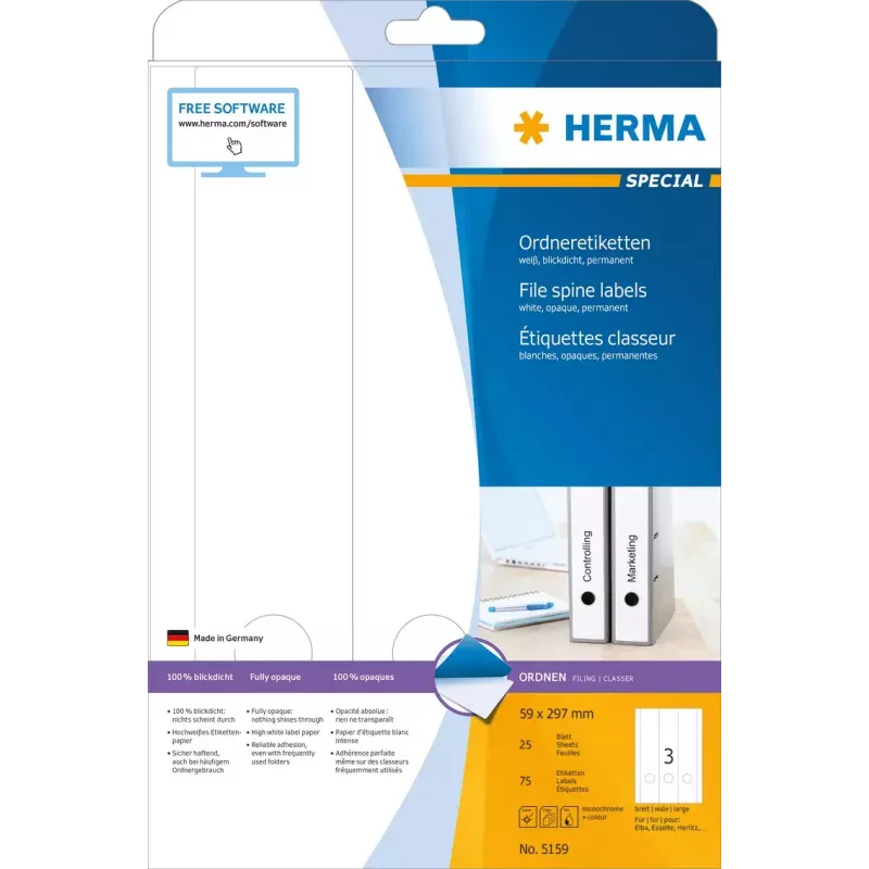 Aktenetiketten HERMA 5159 A4 59x297 mm weiß Papier matt blickdicht