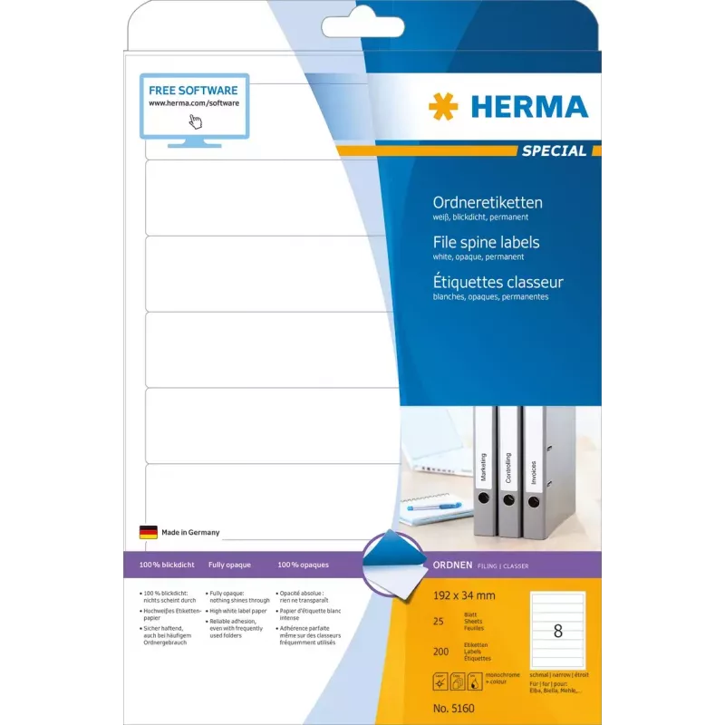 HERMA Ordnerrücken-Etiketten A4 192x34 mm weißes Papier matt blickdicht 200 Stück