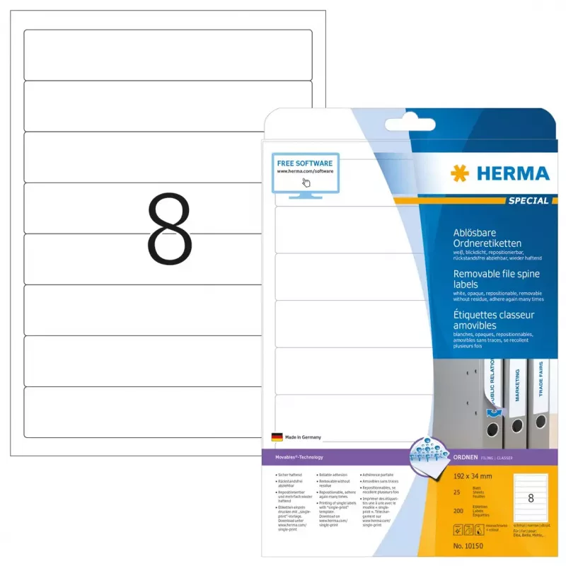 Wiederablösbare Aktenetiketten HERMA A4 192x34 mm weiß 200 Stück