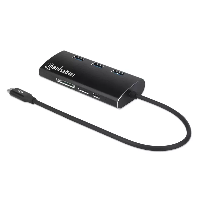 Manhattan USB-C Dock/Hub mit Kartenleser, Anschlüsse (x6): Ethernet, HDMI, USB-A (x3) und USB-C, mit Power Delivery (100 W) zum USB-C-Anschluss (Hinweis: zusätzliches USB-C-Netzteil und USB-C-Kabel erforderlich), universell für alle Geräte, Aluminium, entspricht DKT30CSDHPD3