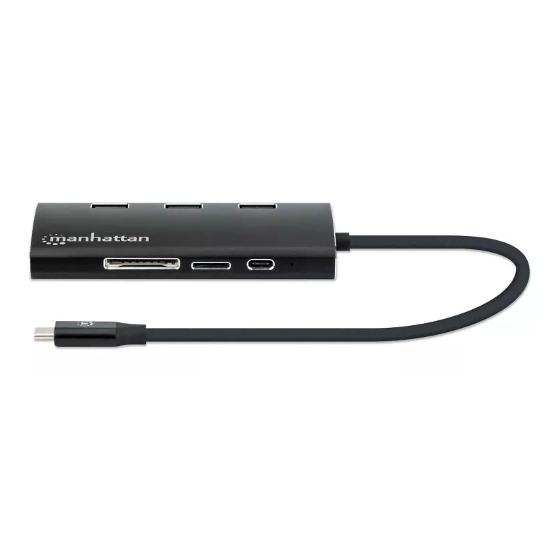 Manhattan USB-C Dock/Hub mit Kartenleser, Anschlüsse (x6): Ethernet, HDMI, USB-A (x3) und USB-C, mit Power Delivery (100 W) zum USB-C-Anschluss (Hinweis: zusätzliches USB-C-Netzteil und USB-C-Kabel erforderlich), universell für alle Geräte, Aluminium, entspricht DKT30CSDHPD3