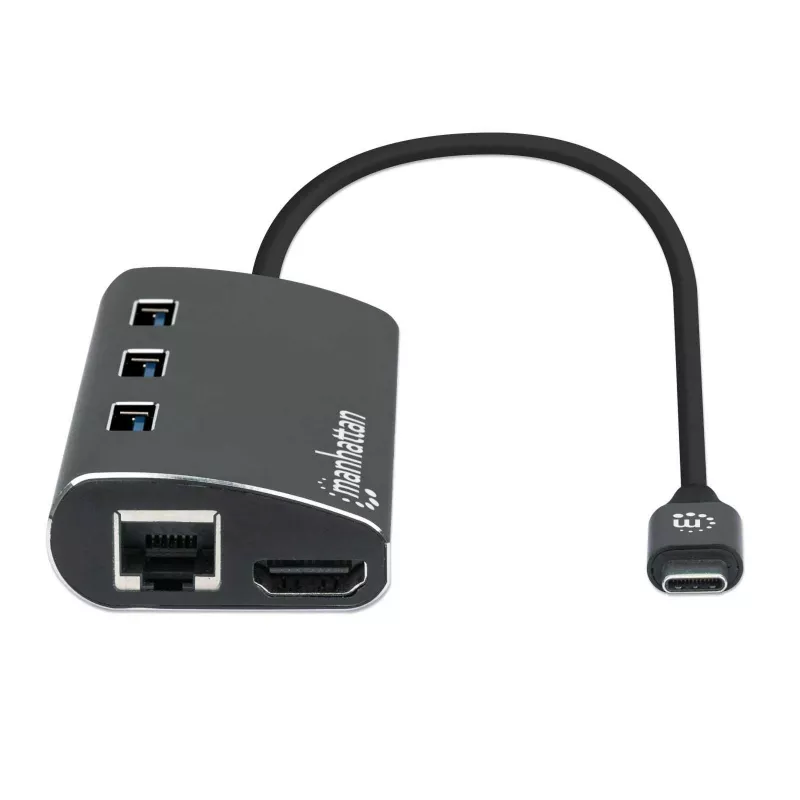 Manhattan USB-C Dock/Hub mit Kartenleser, Anschlüsse (x6): Ethernet, HDMI, USB-A (x3) und USB-C, mit Power Delivery (100 W) zum USB-C-Anschluss (Hinweis: zusätzliches USB-C-Netzteil und USB-C-Kabel erforderlich), universell für alle Geräte, Aluminium, entspricht DKT30CSDHPD3