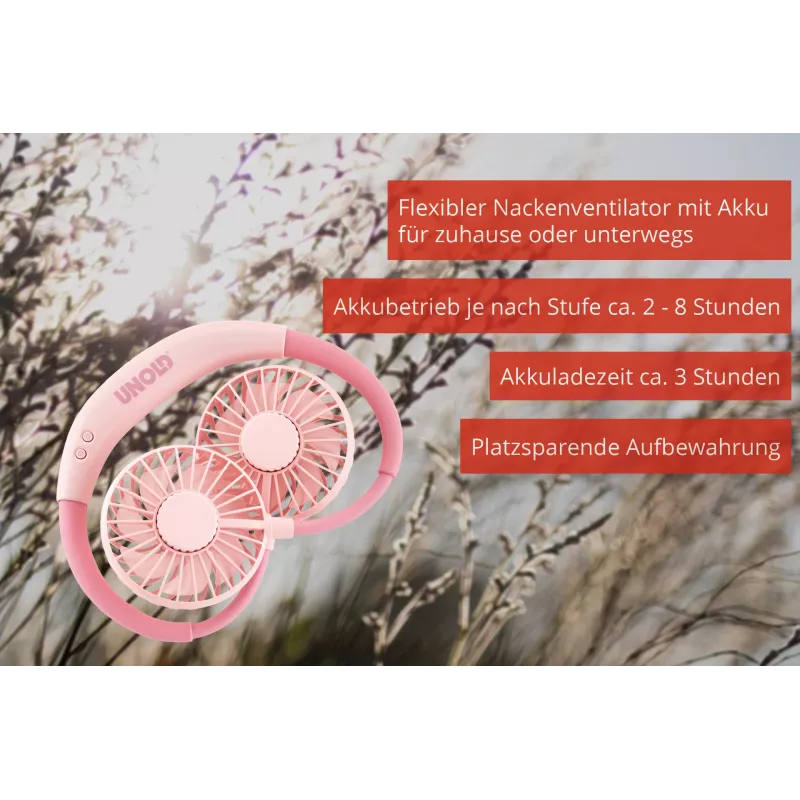 Unold Nackenventilator Breezy Pink, Pink, 2 Lüfter, 8 h, Nackenventilator, Weiß, 1 Stück
