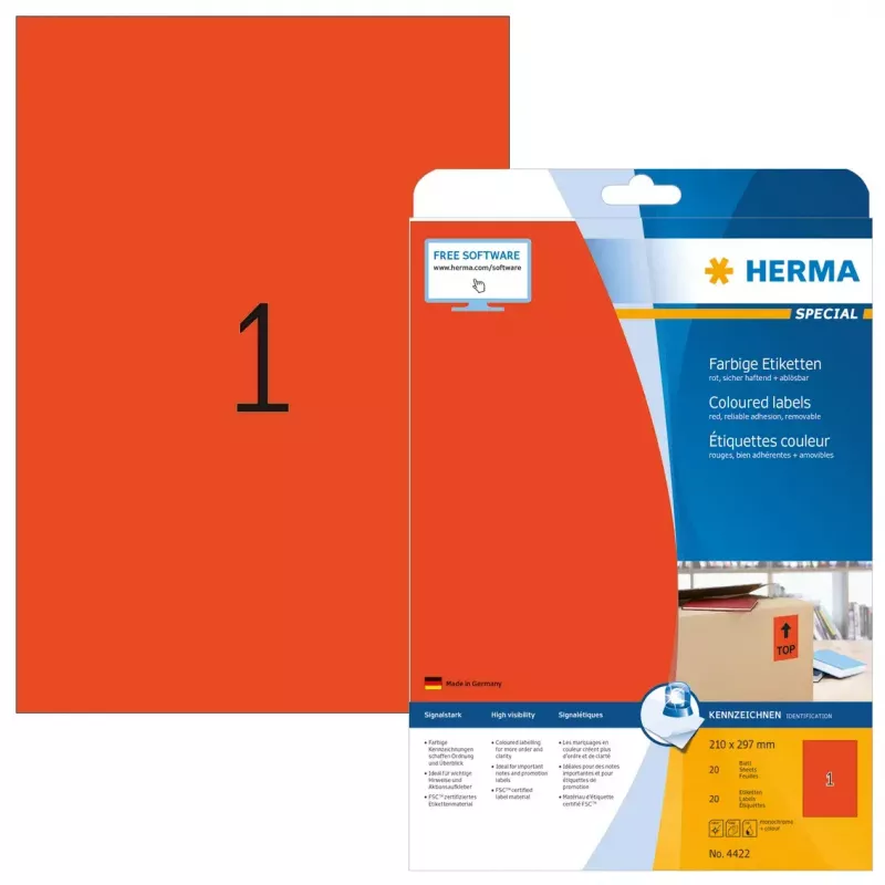 Selbstklebendes Druckeretikett HERMA Farbige Etiketten A4 210x297 mm rot Papier matt 20 Stk.