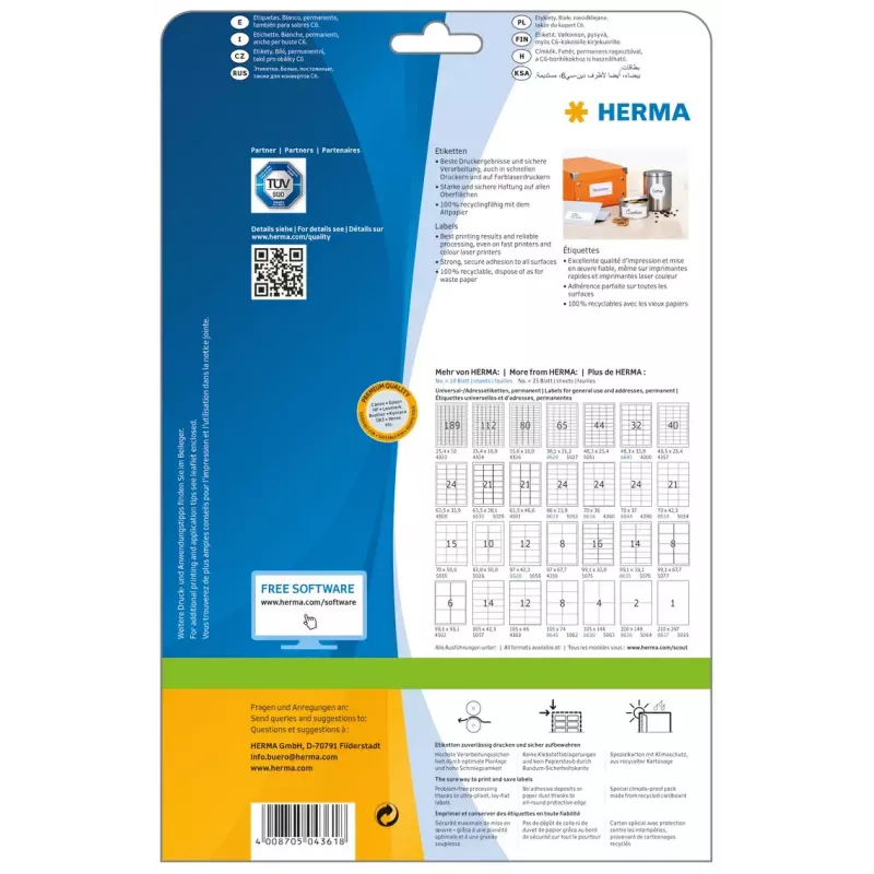 Selbstklebendes Druckeretikett HERMA Labels Premium A4 70x42 mm