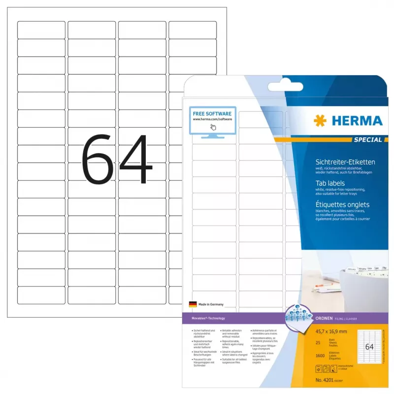 HERMA Registerreiter-Etiketten A4 45,7x16,9 mm weiß Movables 1600 Stück