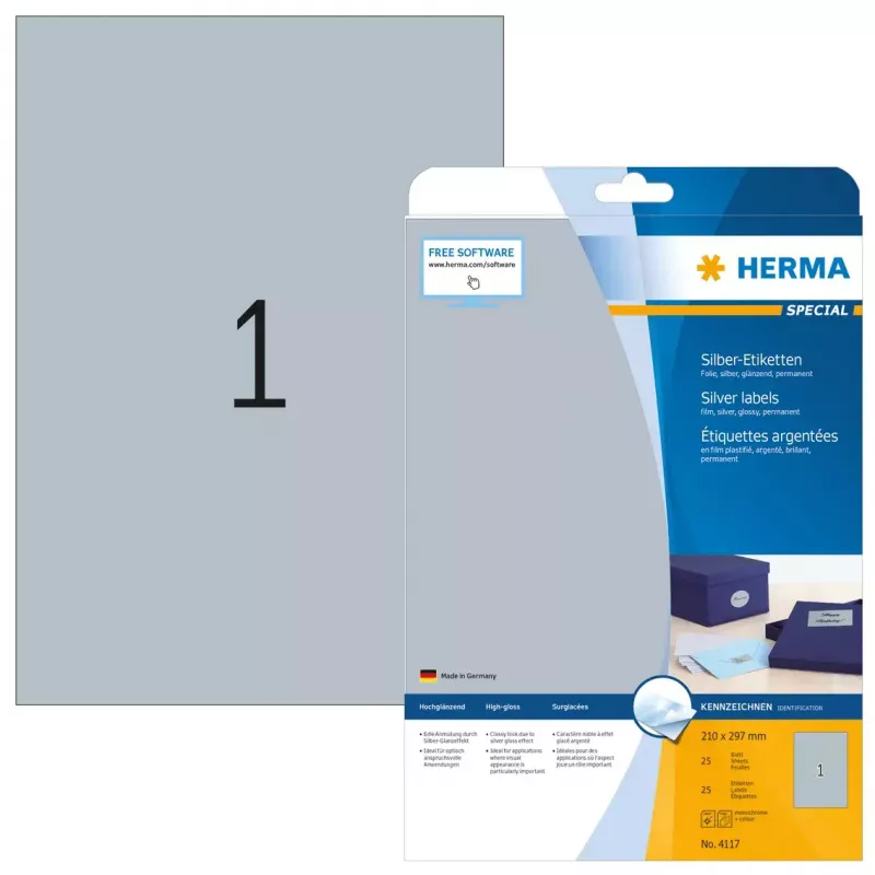 Selbstklebende Druckeretiketten HERMA Labels A4 210x297 mm silber Folie glänzend 25 Stück