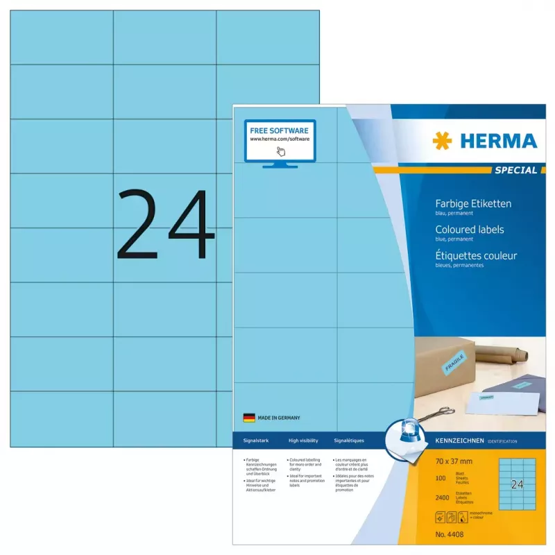 Labels HERMA farbig A4 70x37 mm blau Papier matt 2400 Stück