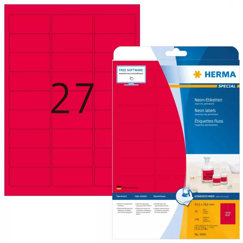 Selbstklebende Druckeretiketten HERMA Neon-Etiketten A4 63,5x29,6 mm leuchtend rot 540 Stück