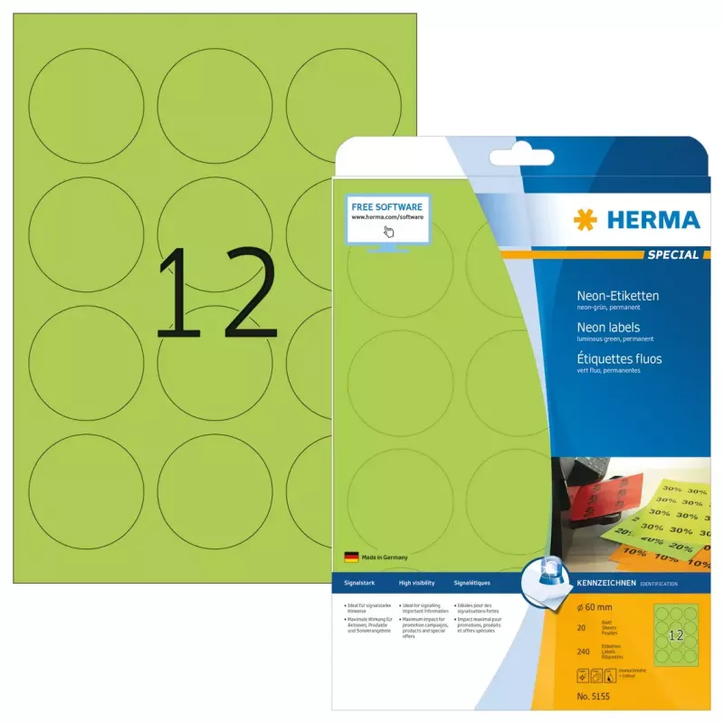 Selbstklebende Druckeretiketten HERMA Neon-Etiketten A4 Ø 60 mm