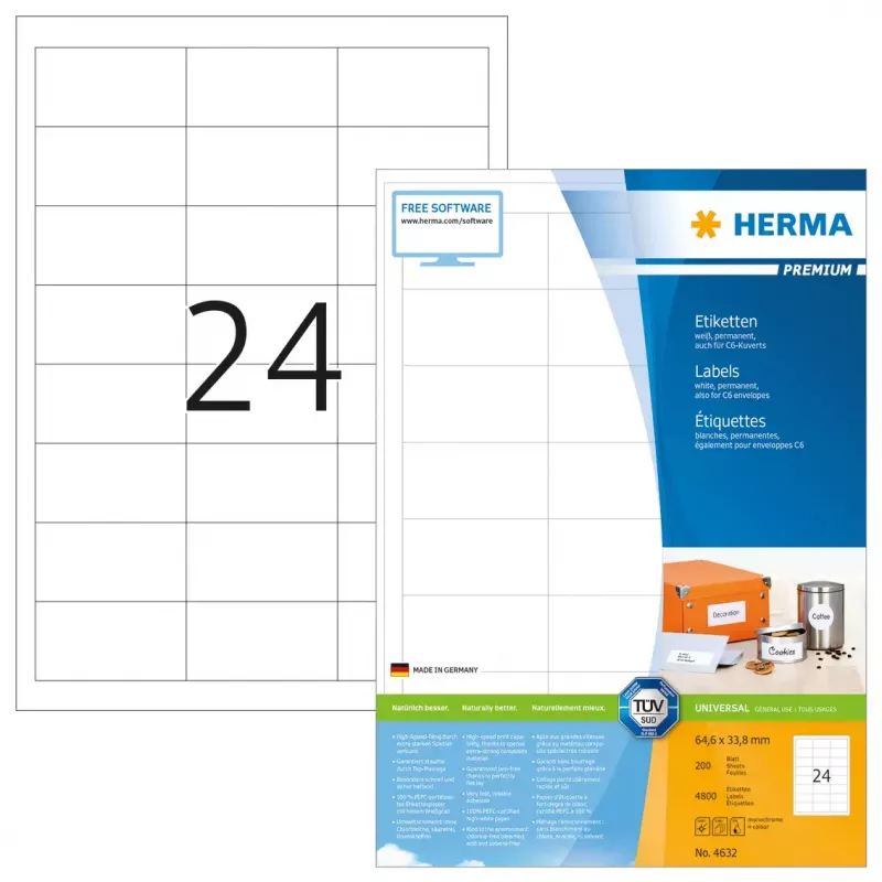 Labels HERMA Premium A4 64.6x33.8 mm weiß Papier matt 4800 Stück