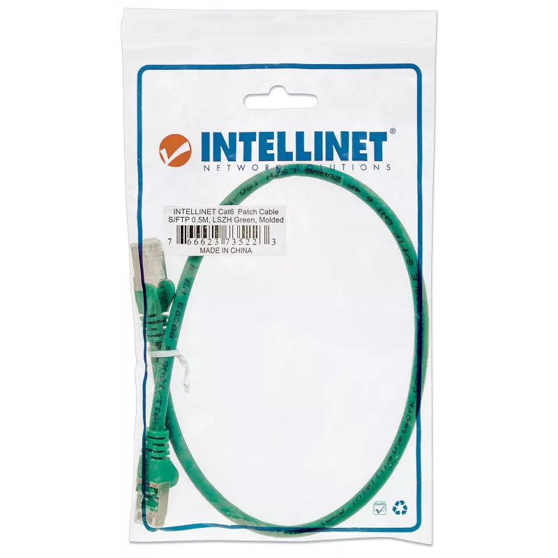 Intellinet Netzwerk-Patchkabel, Cat6, 0,5 m, Grün, Kupfer, S/FTP, LSOH/LSZH, PVC, RJ45, vergoldete Kontakte, Snagless, Booted, lebenslange Garantie