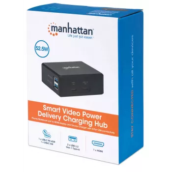 Manhattan Smart Video Multiport Dock, Anschlüsse (x5): HDMI-Anschluss, USB-A (x2), USB-C (x2), mit Power Delivery zum USB-C-Anschluss, interne Stromversorgung, ultrakompakt, abnehmbares Netzkabel, schwarz, drei Jahre Garantie, Einzelhandelsbox