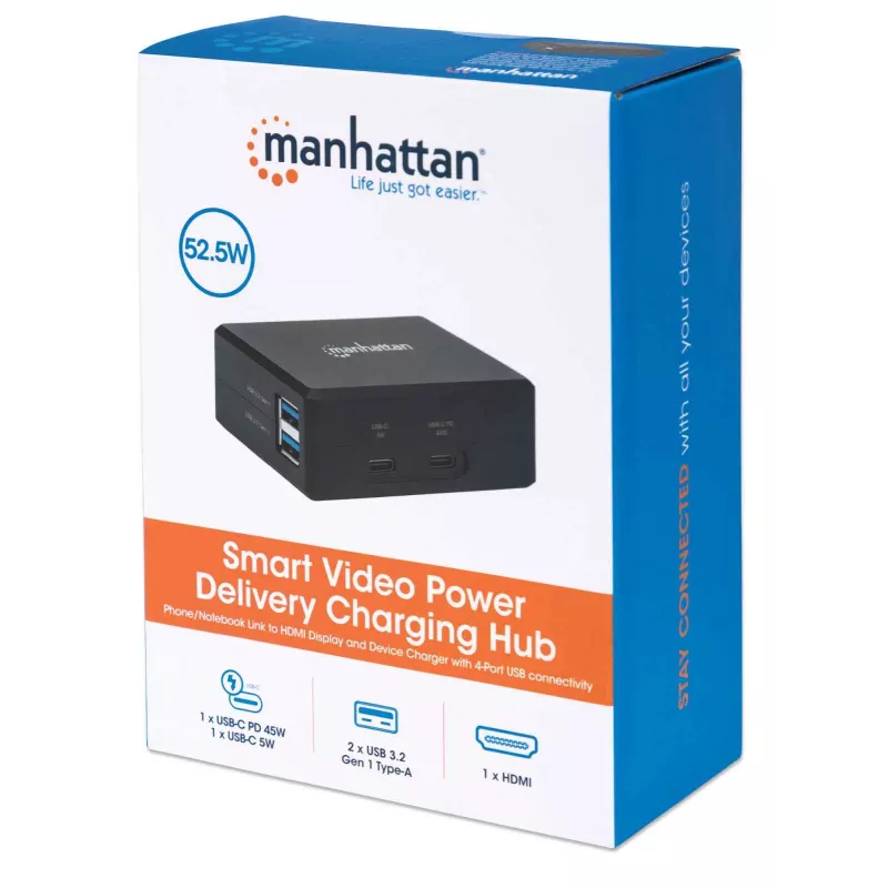 Manhattan Smart Video Multiport Dock, Anschlüsse (x5): HDMI-Anschluss, USB-A (x2), USB-C (x2), mit Power Delivery zum USB-C-Anschluss, interne Stromversorgung, ultrakompakt, abnehmbares Netzkabel, schwarz, drei Jahre Garantie, Einzelhandelsbox