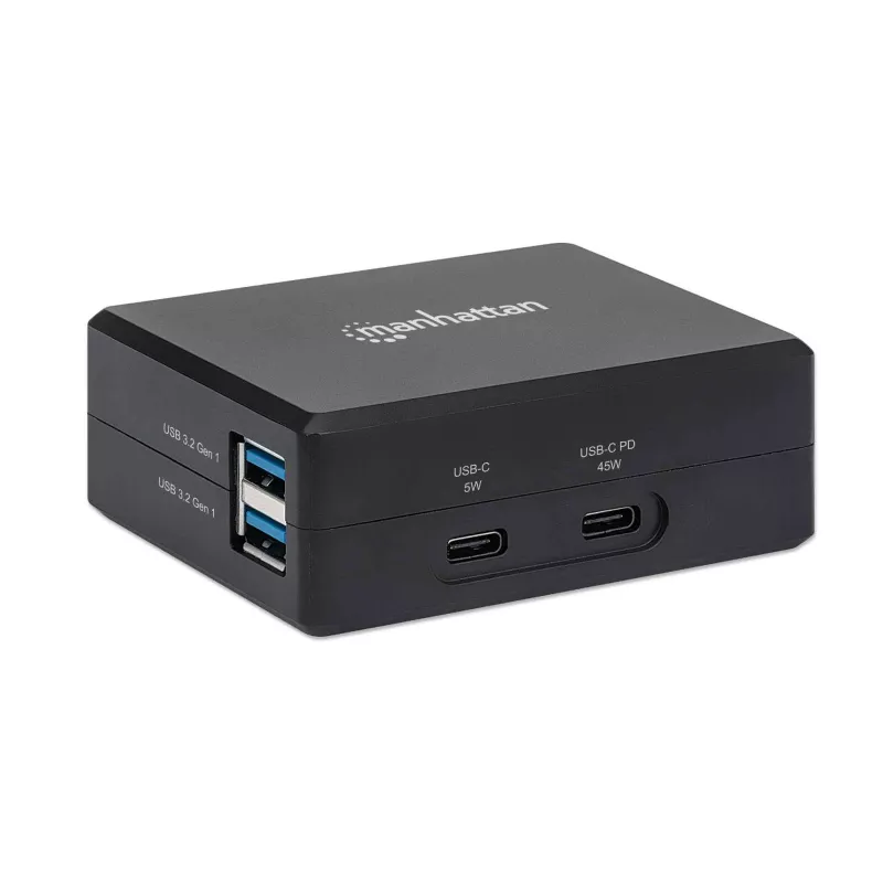 Manhattan Smart Video Multiport Dock, Anschlüsse (x5): HDMI-Anschluss, USB-A (x2), USB-C (x2), mit Power Delivery zum USB-C-Anschluss, interne Stromversorgung, ultrakompakt, abnehmbares Netzkabel, schwarz, drei Jahre Garantie, Einzelhandelsbox