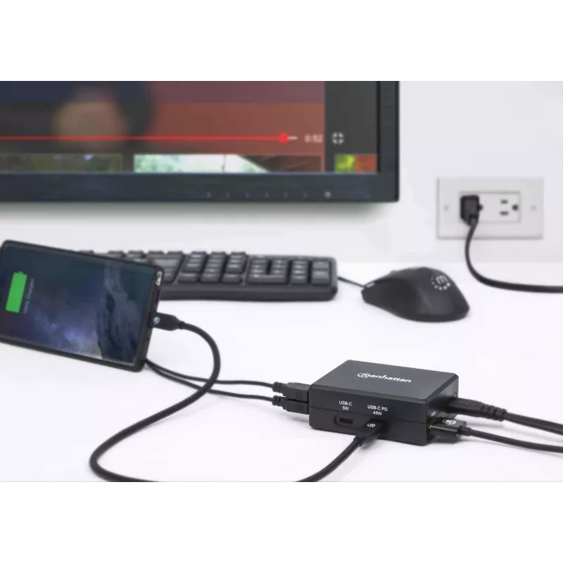 Manhattan Smart Video Multiport Dock, Anschlüsse (x5): HDMI-Anschluss, USB-A (x2), USB-C (x2), mit Power Delivery zum USB-C-Anschluss, interne Stromversorgung, ultrakompakt, abnehmbares Netzkabel, schwarz, drei Jahre Garantie, Einzelhandelsbox