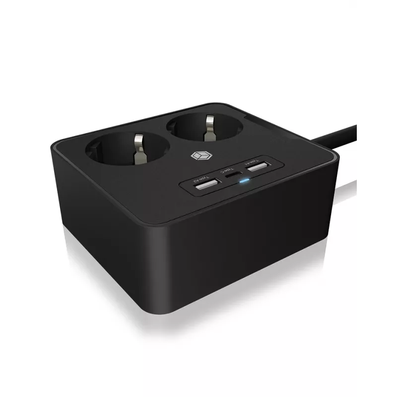 ICY BOX IB-MPS2220B-CH Stromverlängerung 1,9 m 2 AC-Steckdosen Innenbereich Schwarz
