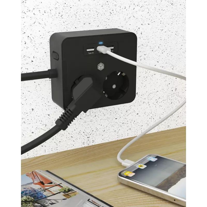 ICY BOX IB-MPS2220B-CH Stromverlängerung 1,9 m 2 AC-Steckdosen Innenbereich Schwarz