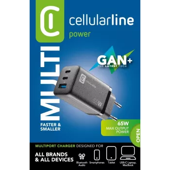 Cellularline Multipower Micro 65W Ultra-kompaktes 65W-Schnellladegerät mit 3 Anschlüssen