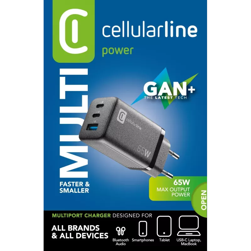Cellularline Multipower Micro 65W Ultra-kompaktes 65W-Schnellladegerät mit 3 Anschlüssen