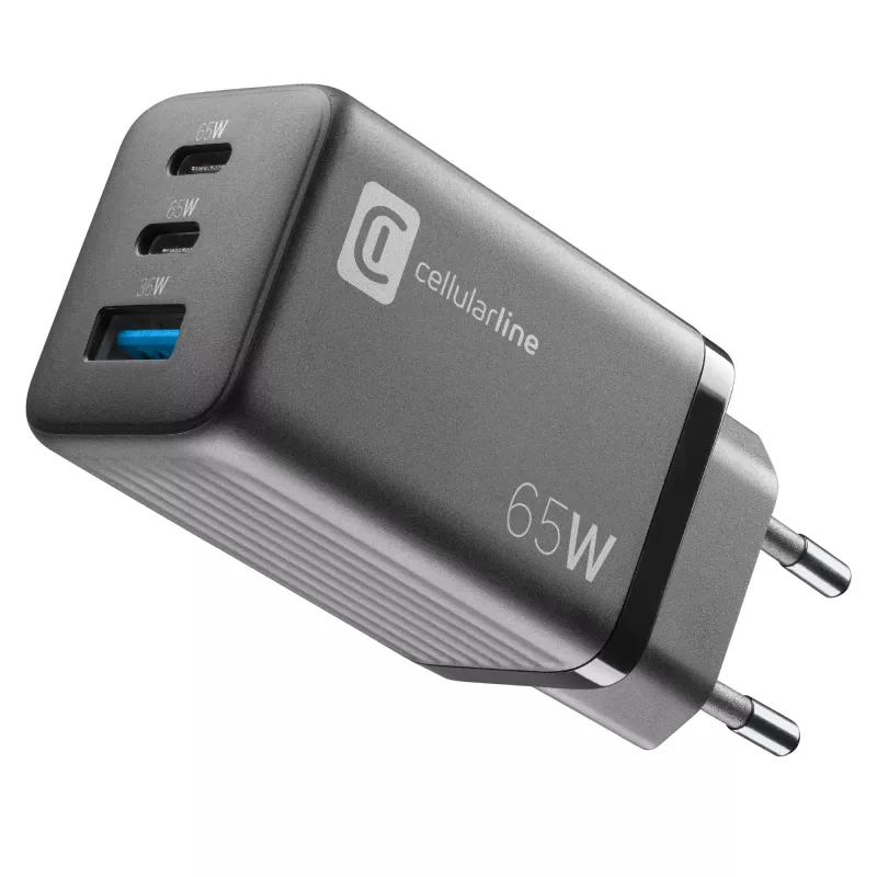 Cellularline Multipower Micro 65W Ultra-kompaktes 65W-Schnellladegerät mit 3 Anschlüssen