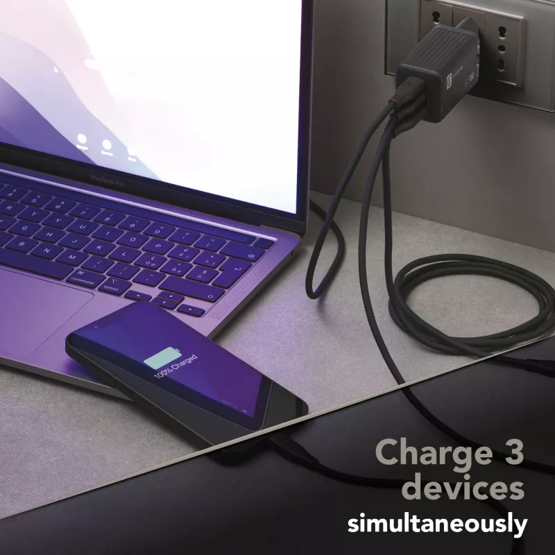 Cellularline Multipower Micro 65W Ultra-kompaktes 65W-Schnellladegerät mit 3 Anschlüssen