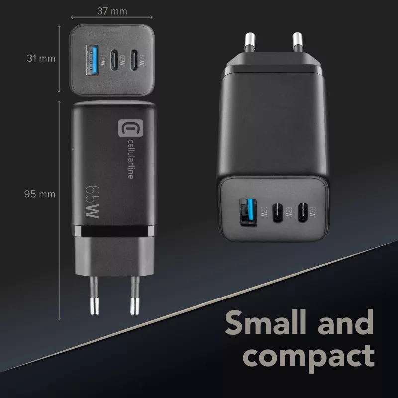 Cellularline Multipower Micro 65W Ultra-kompaktes 65W-Schnellladegerät mit 3 Anschlüssen