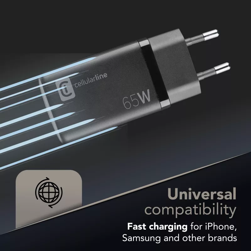 Cellularline Multipower Micro 65W Ultra-kompaktes 65W-Schnellladegerät mit 3 Anschlüssen