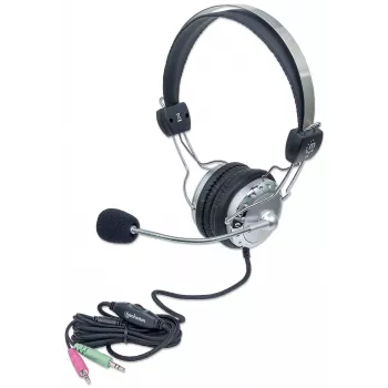Manhattan Stereo Over-Ear-Headset (3,5 mm), gepolsterter Mikrofonbügel, verstellbarer Stahlkopfbügel, Inline-Lautstärkeregelung, Ohrpolster, Standard 2x 3,5 mm Stereoklinke/-stecker für Audio/Mikrofon, 2,5 m Kabel, 3 Jahre Garantie