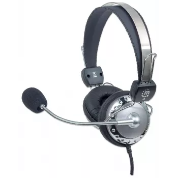 Manhattan Stereo Over-Ear-Headset (3,5 mm), gepolsterter Mikrofonbügel, verstellbarer Stahlkopfbügel, Inline-Lautstärkeregelung, Ohrpolster, Standard 2x 3,5 mm Stereoklinke/-stecker für Audio/Mikrofon, 2,5 m Kabel, 3 Jahre Garantie
