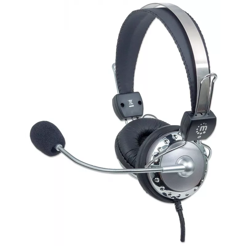 Manhattan Stereo Over-Ear-Headset (3,5 mm), gepolsterter Mikrofonbügel, verstellbarer Stahlkopfbügel, Inline-Lautstärkeregelung, Ohrpolster, Standard 2x 3,5 mm Stereoklinke/-stecker für Audio/Mikrofon, 2,5 m Kabel, 3 Jahre Garantie