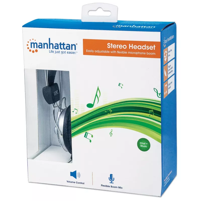 Manhattan Stereo Over-Ear-Headset (3,5 mm), gepolsterter Mikrofonbügel, verstellbarer Stahlkopfbügel, Inline-Lautstärkeregelung, Ohrpolster, Standard 2x 3,5 mm Stereoklinke/-stecker für Audio/Mikrofon, 2,5 m Kabel, 3 Jahre Garantie