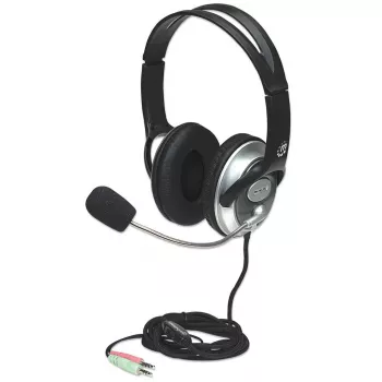 Manhattan Stereo-Over-Ear-Headset (3,5 mm), Mikrofonbügel (gepolstert), verstellbarer Stahl-Kopfbügel, Kabelfernbedienung zur Lautstärkeregelung, Ohrpolster, standardmäßig 2x 3,5 mm Stereo-Klinkenstecker für Audio/Mikrofon, Kabel 2,5 m, 3 Jahre Garantie