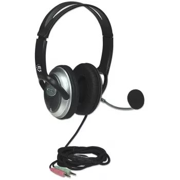 Manhattan Stereo-Over-Ear-Headset (3,5 mm), Mikrofonbügel (gepolstert), verstellbarer Stahl-Kopfbügel, Kabelfernbedienung zur Lautstärkeregelung, Ohrpolster, standardmäßig 2x 3,5 mm Stereo-Klinkenstecker für Audio/Mikrofon, Kabel 2,5 m, 3 Jahre Garantie