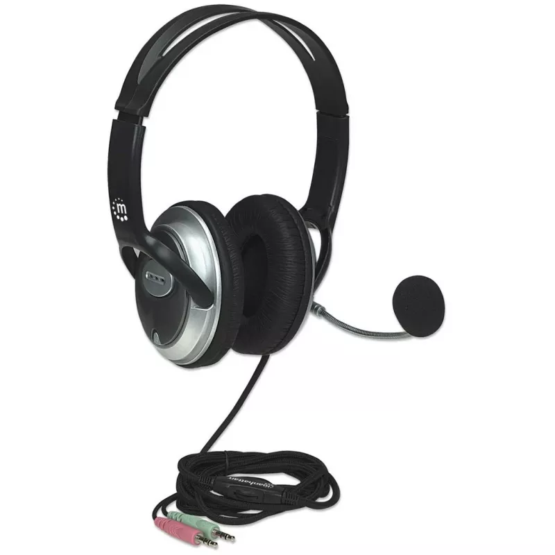 Manhattan Stereo-Over-Ear-Headset (3,5 mm), Mikrofonbügel (gepolstert), verstellbarer Stahl-Kopfbügel, Kabelfernbedienung zur Lautstärkeregelung, Ohrpolster, standardmäßig 2x 3,5 mm Stereo-Klinkenstecker für Audio/Mikrofon, Kabel 2,5 m, 3 Jahre Garantie