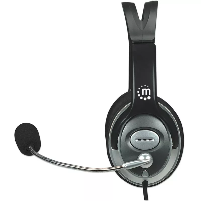 Manhattan Stereo-Over-Ear-Headset (3,5 mm), Mikrofonbügel (gepolstert), verstellbarer Stahl-Kopfbügel, Kabelfernbedienung zur Lautstärkeregelung, Ohrpolster, standardmäßig 2x 3,5 mm Stereo-Klinkenstecker für Audio/Mikrofon, Kabel 2,5 m, 3 Jahre Garantie
