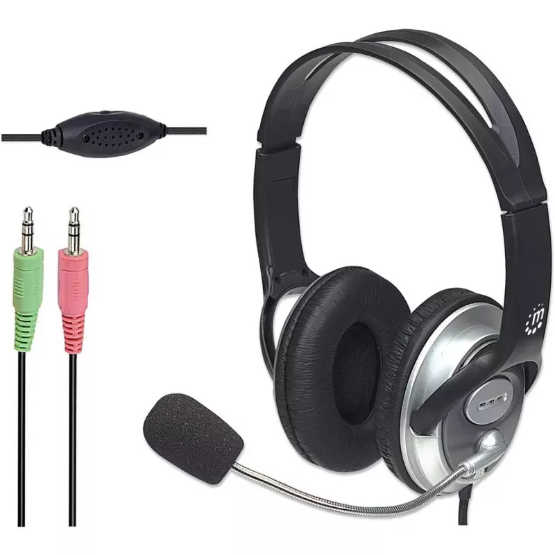 Manhattan Stereo-Over-Ear-Headset (3,5 mm), Mikrofonbügel (gepolstert), verstellbarer Stahl-Kopfbügel, Kabelfernbedienung zur Lautstärkeregelung, Ohrpolster, standardmäßig 2x 3,5 mm Stereo-Klinkenstecker für Audio/Mikrofon, Kabel 2,5 m, 3 Jahre Garantie