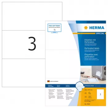 Selbstklebendes Druckeretikett HERMA 4664 A4 210x99 mm weiß perforiert Papier matt 300 Stück