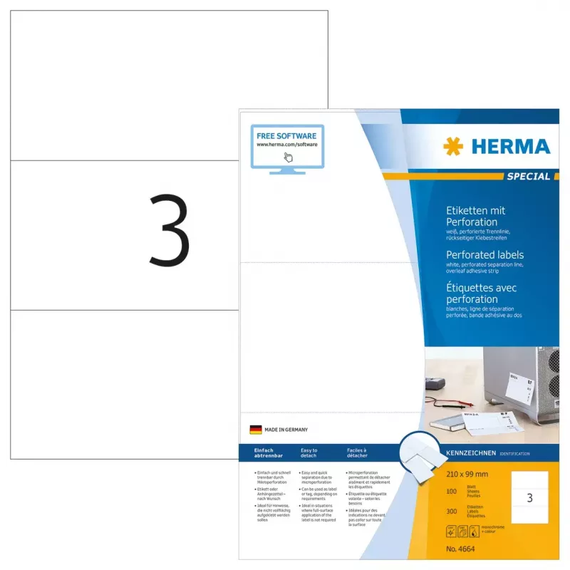 Selbstklebendes Druckeretikett HERMA 4664 A4 210x99 mm weiß perforiert Papier matt 300 Stück