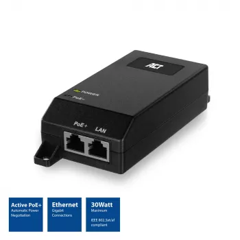 ACT Gigabit PoE+ (30W) Injektor, Gigabit Ethernet, 10,100,1000 Mbit/s, IEEE 802.3, IEEE 802.3ab, IEEE 802.3af, IEEE 802.3at, IEEE 802.3u, Schwarz, 30 V, 100 - 240 V
