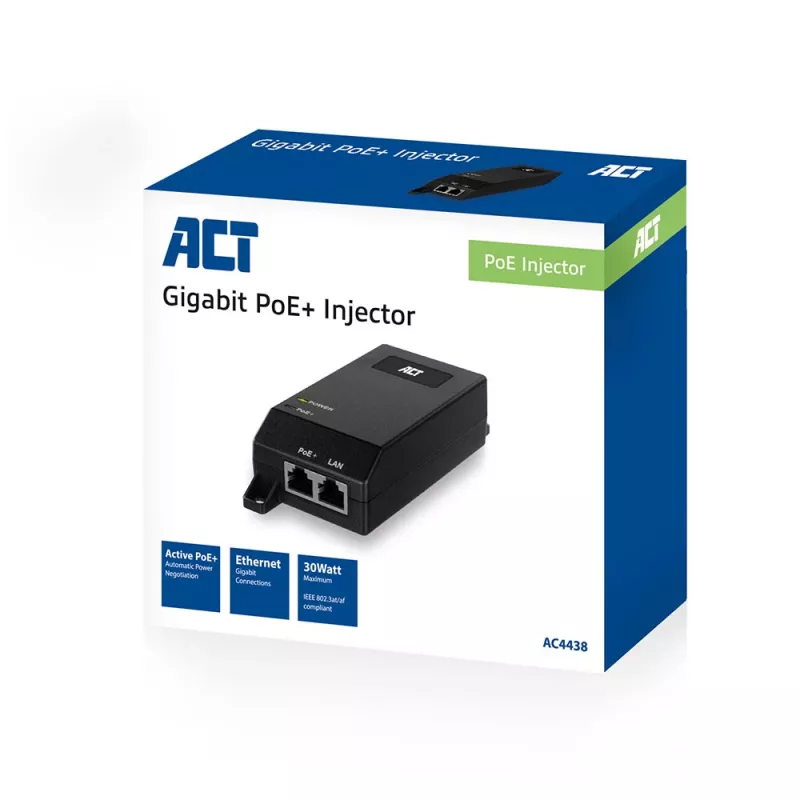 ACT Gigabit PoE+ (30W) Injektor, Gigabit Ethernet, 10,100,1000 Mbit/s, IEEE 802.3, IEEE 802.3ab, IEEE 802.3af, IEEE 802.3at, IEEE 802.3u, Schwarz, 30 V, 100 - 240 V