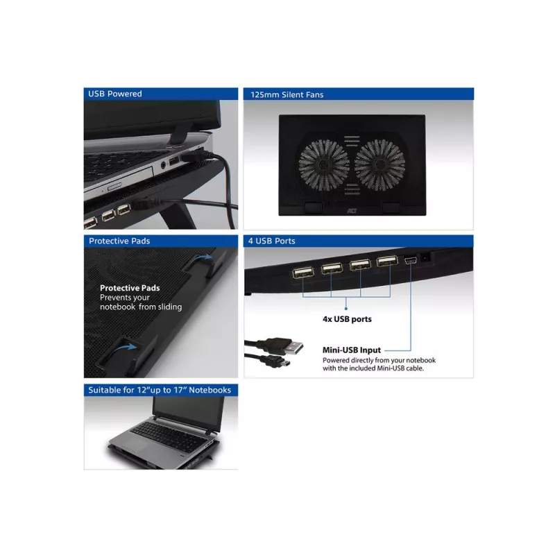 Laptop-Ständer ACT AC8105 mit Lüfter höhenverstellbar 2 Positionen 4-Port-Hub