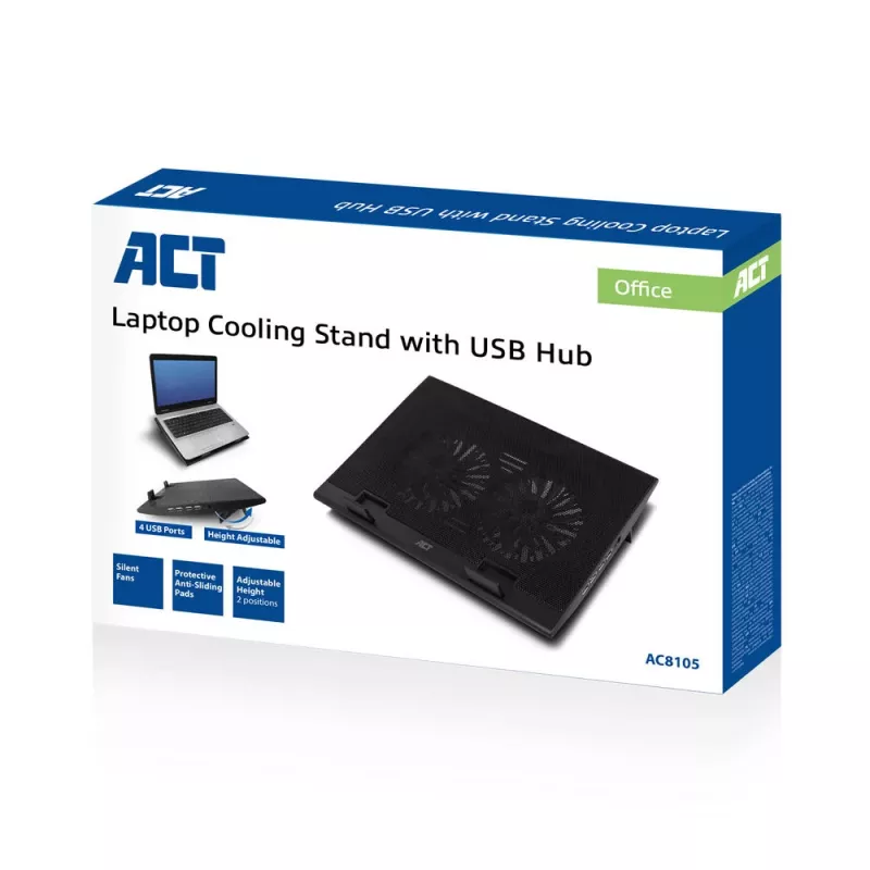 Laptop-Ständer ACT AC8105 mit Lüfter höhenverstellbar 2 Positionen 4-Port-Hub