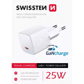 SWISSTEN Mini-Reiseladegerät GaN 25W PD USB-C Schnellladegerät für Telefone und Tablets