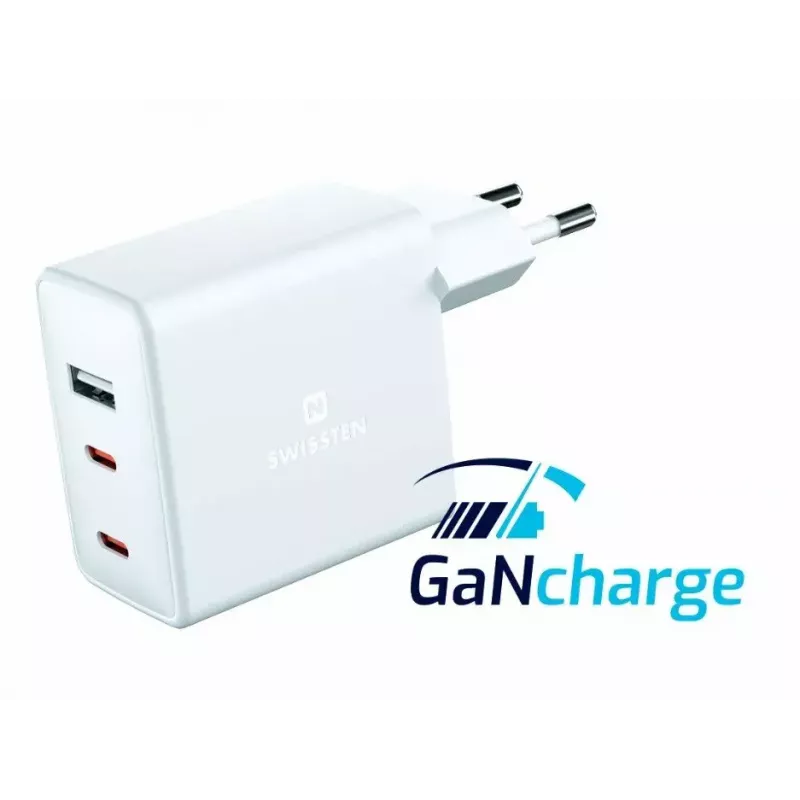 SWISSTEN Reise-Ladegerät GaN 70W 2×USB-C Schnellladegerät für Laptops und Telefone
