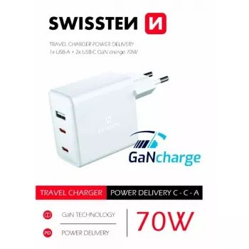 SWISSTEN Reise-Ladegerät GaN 70W 2×USB-C Schnellladegerät für Laptops und Telefone