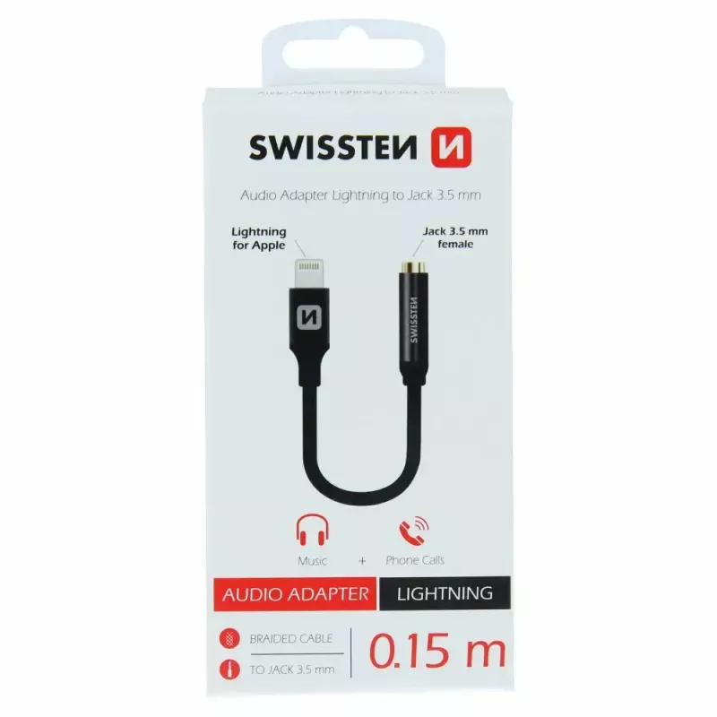 Audio-Adapter SWISSTEN Lightning auf 3,5-mm-Klinke SW-LIGHT-3.5MM-BK, Kabel 0,15 m, schwarz