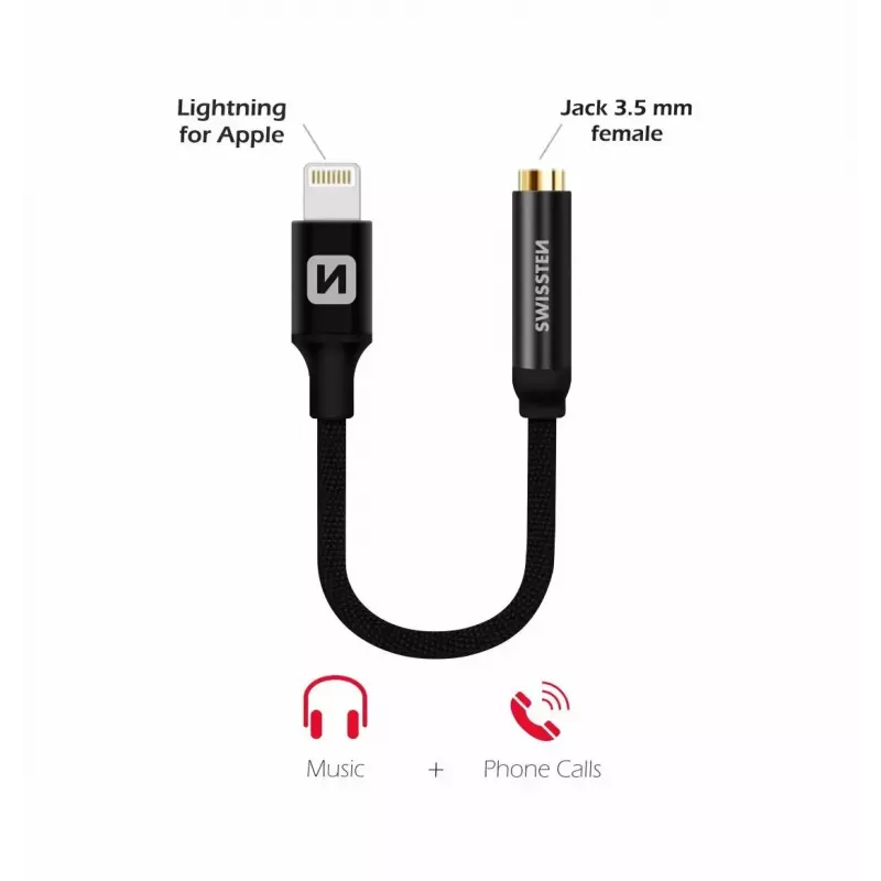 Audio-Adapter SWISSTEN Lightning auf 3,5-mm-Klinke SW-LIGHT-3.5MM-BK, Kabel 0,15 m, schwarz