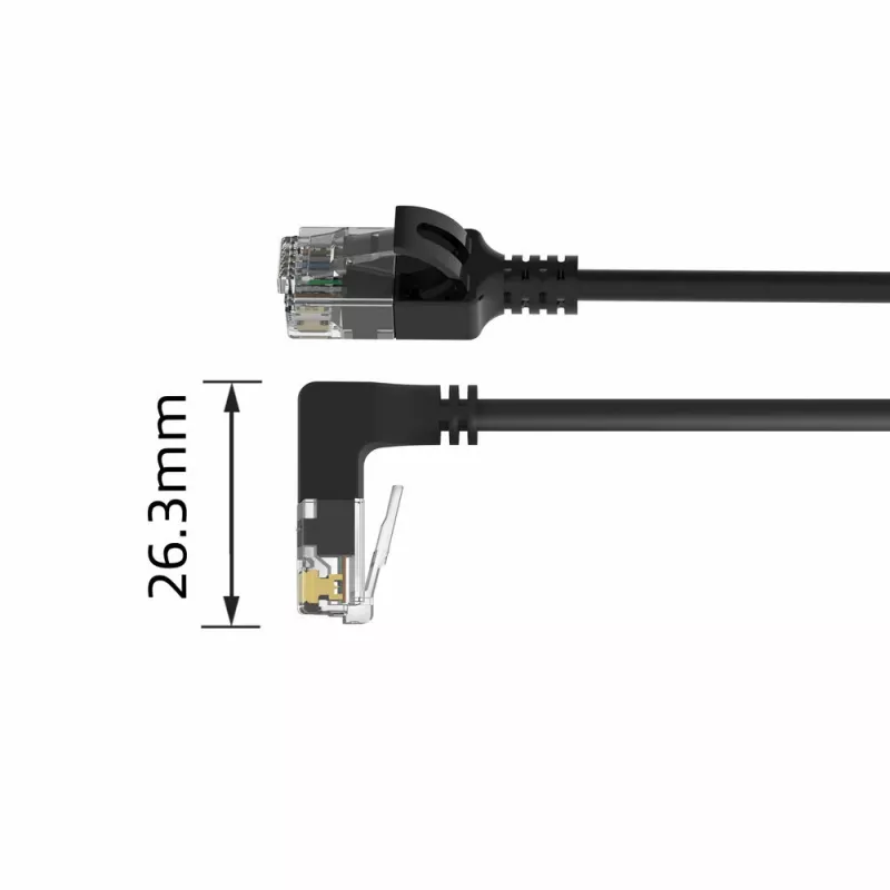 ACT Schwarz 1 Meter U/UTP CAT6A LSZH Slimline-Patchkabel mit RJ45-Steckern 90° abgewinkelt nach unten zu gerade