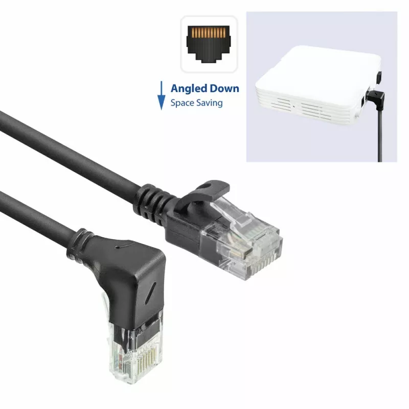 ACT Schwarz 2 Meter U/UTP CAT6A LSZH Slimline-Patchkabel mit RJ45-Steckern 90° abgewinkelt nach unten auf gerade